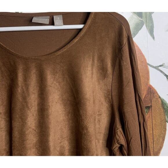 Chicos Size 3 US XL Brown Cognac Sueded Eyelet Cut out 4/3 Sleeve Tunic Top New - Picture 3 of 5